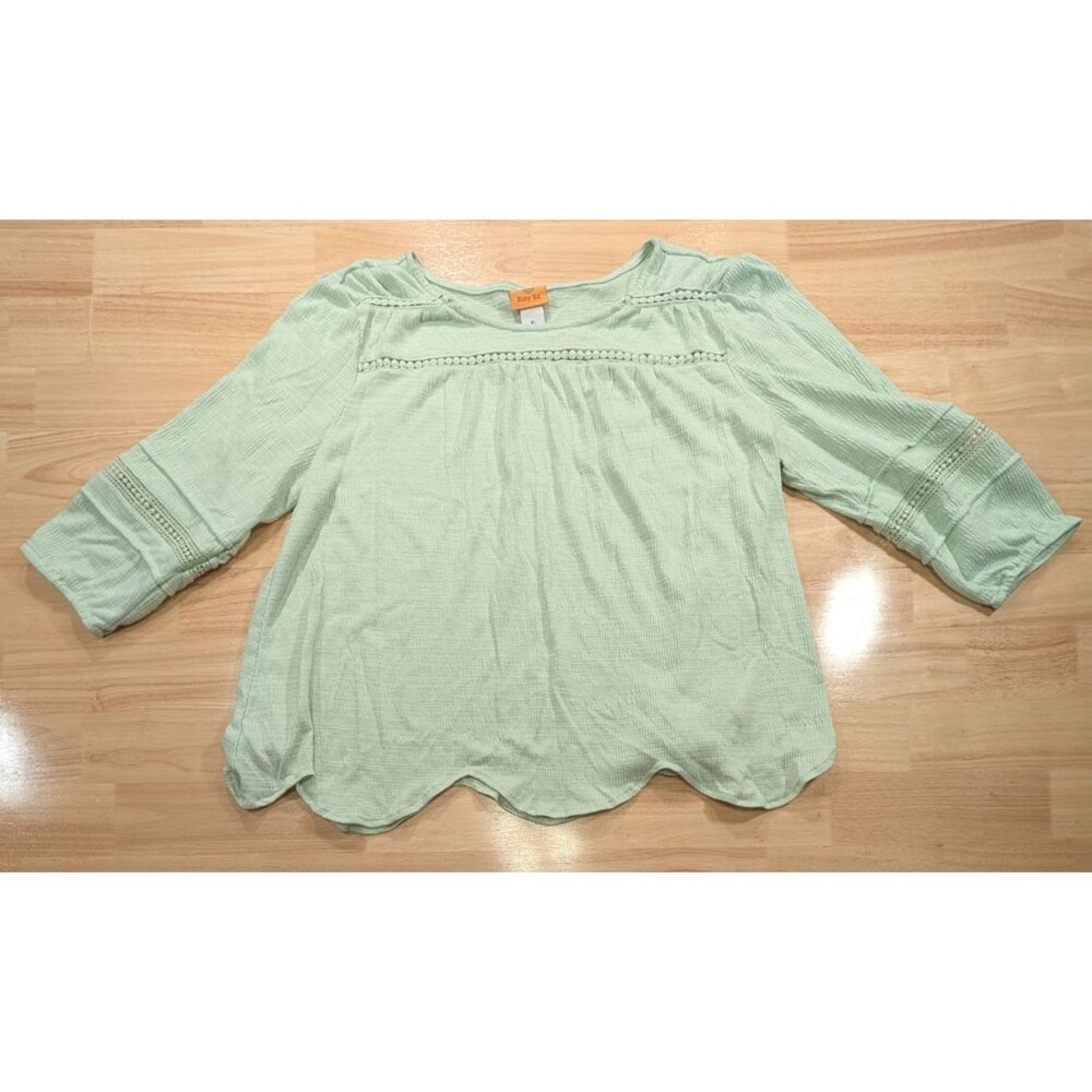 Ruby Rd Blouse Womens XL Green 3/4 Sleeve Crochet Lace Trim Textured Pleated Top